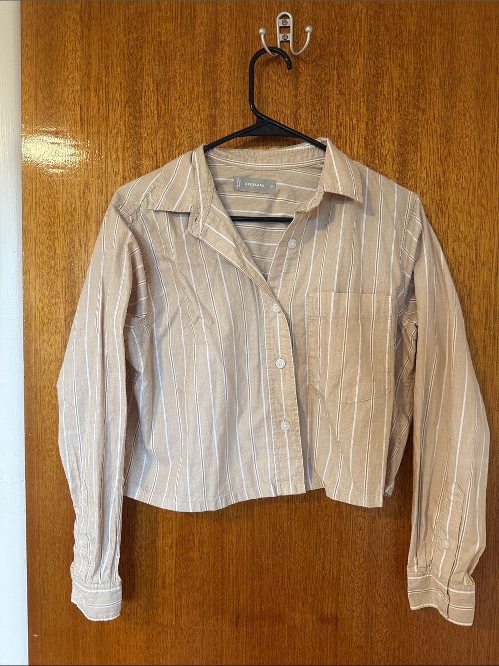 Everlane Light Beige Striped Cropped Button-Down Shirt
